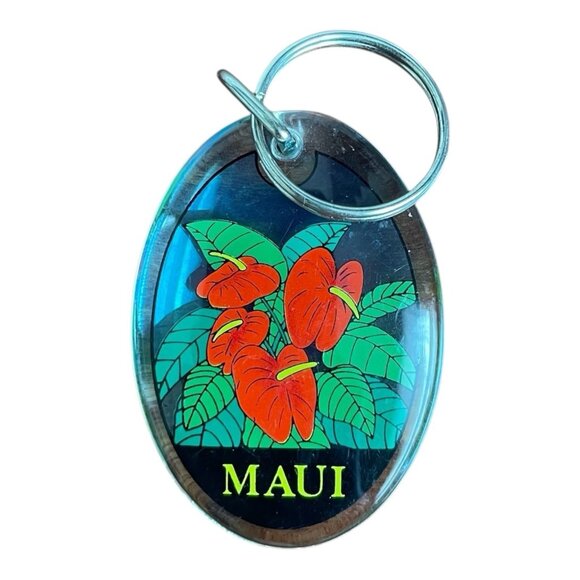 Maui Hawaiian Islands Souvenir Keychain Double Sided Red Anthurium Acrylic New - Picture 2 of 3